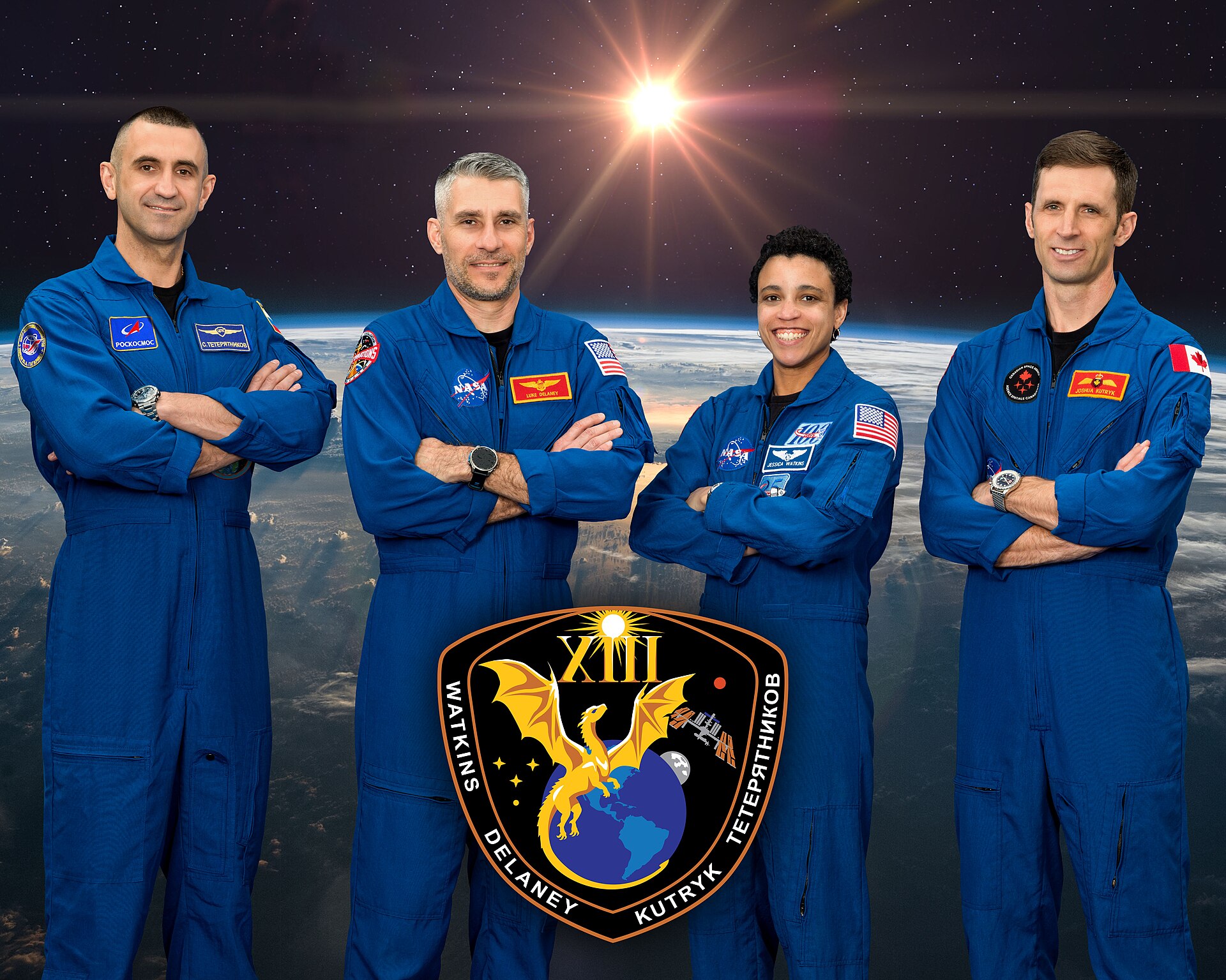 Crew-13 members Sergey Teteryatnikov, Luke Delaney, Jessica Watkins and Joshua Kutryk in an official group portrait.